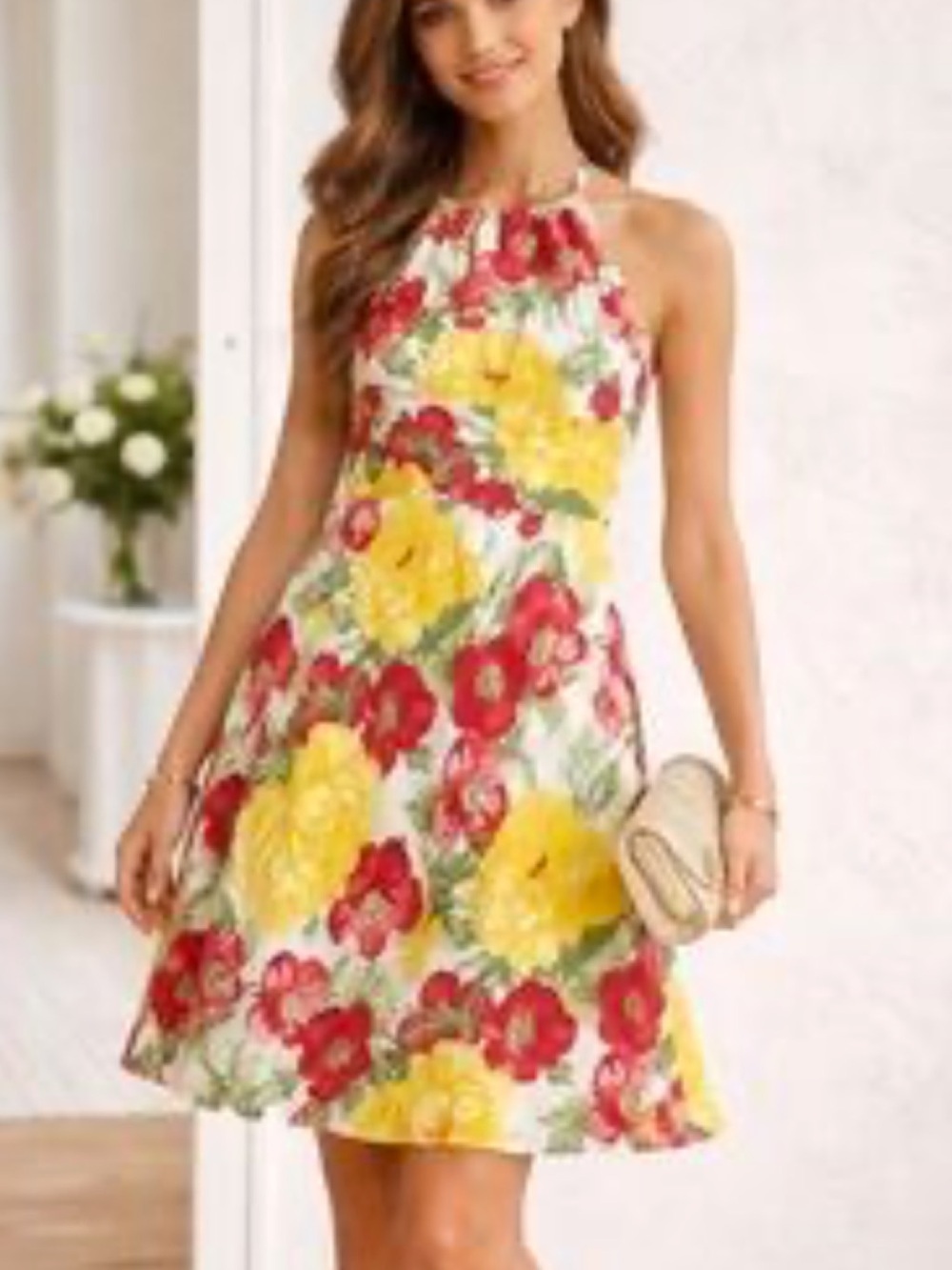LOFT Yellow & Red Floral Halter Mini Dress